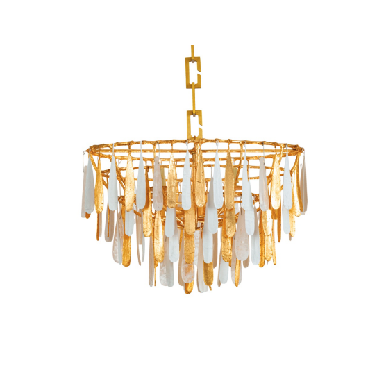 Custom Gilded Cage Short Drop Chandelier in Gesso and Midas Gold with 10% Rock Crystal
